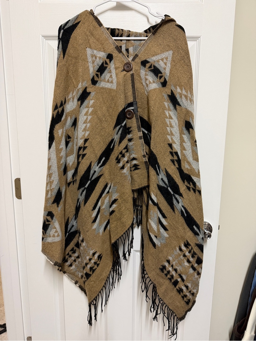 Bohemian Cape Hooded Poncho with Geometric Fringe - Brown
